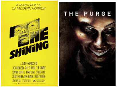 IMBD: yellow back and Titled, The Shining, with a mans face in the letter T.  
Rotten Tomatoes, an image titled the purge with a masked figure grinning down on someone. 