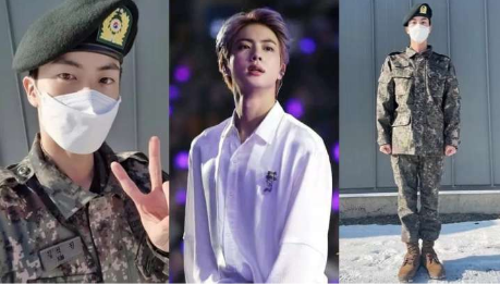 India TV News: Three images of Jin, two side images are of Jin as a soldier and the one in the middle is Jin as a K-pop star